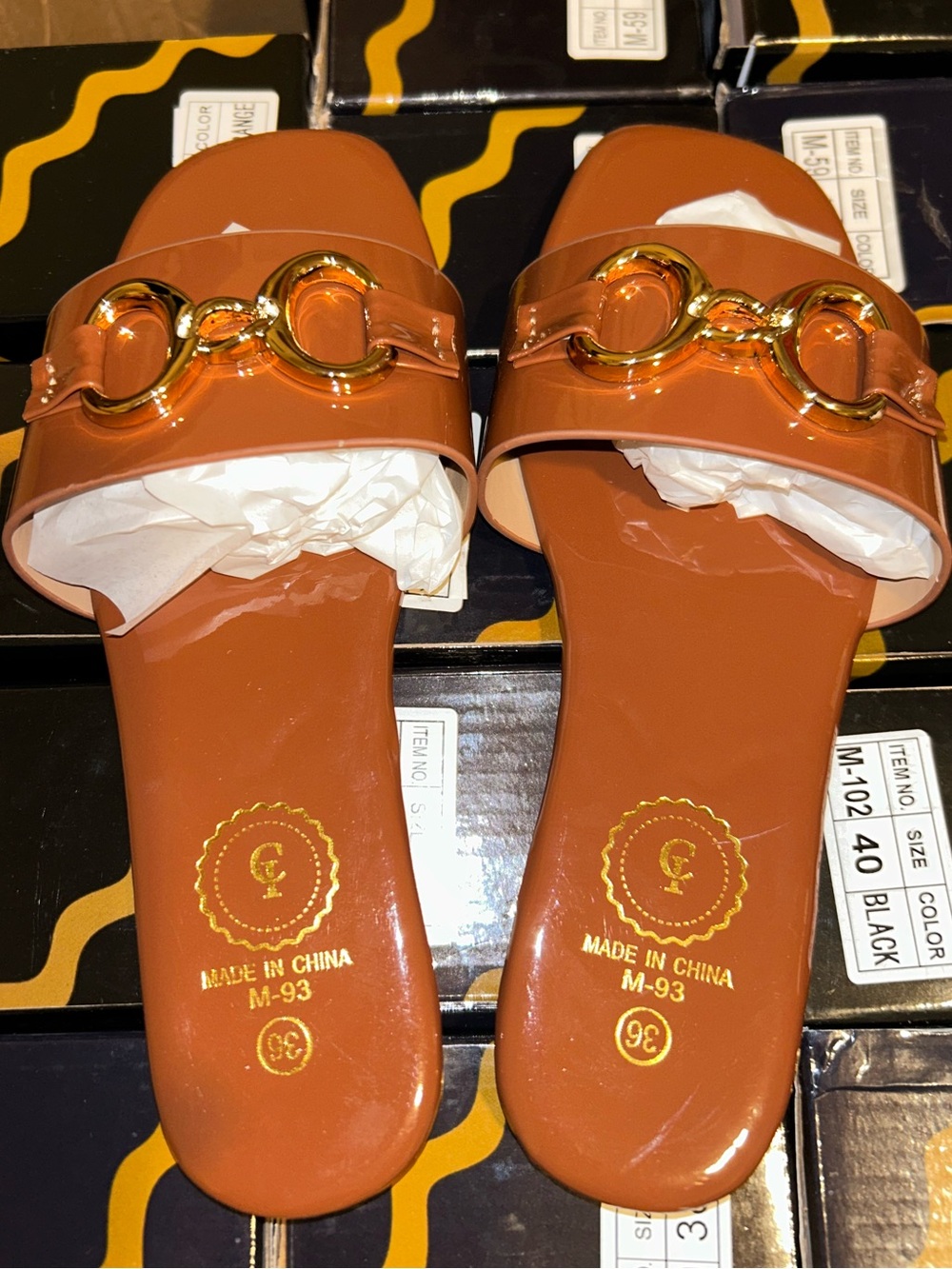 Women's Tan Slide Mules with Gold Chain Accent